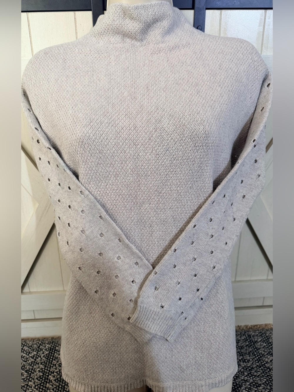 Moth Anthropologie Livia Pointelle Sleeve Mock Neck Sweater Tan S